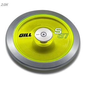 A yellow discus with a silver steel rim and translucent blue plates, marked with 'GILL S75 77520'.