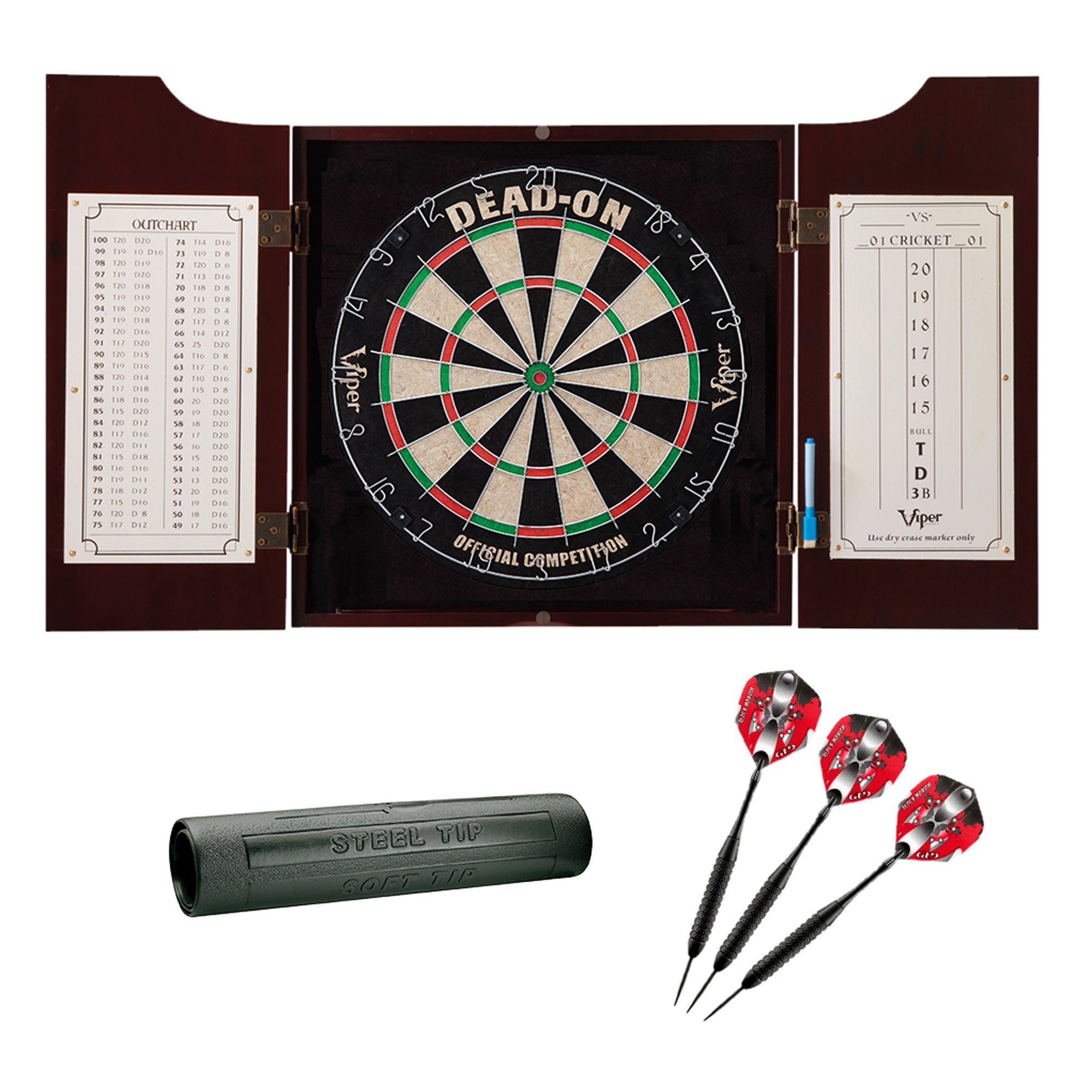 Viper Hudson Dartboard Cabinet, Dead-On Bristle Dartboard, Black Mariah Steel Tip Darts 22 Grams, and Vinyl Dart Mat