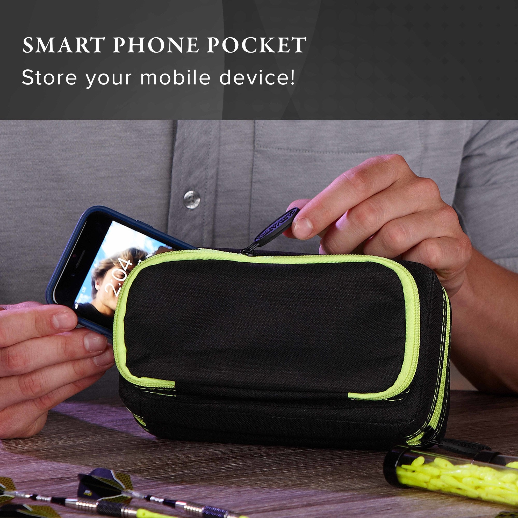 Casemaster Plazma Pro Dart Case Black with Yellow Zipper and Phone Pocket