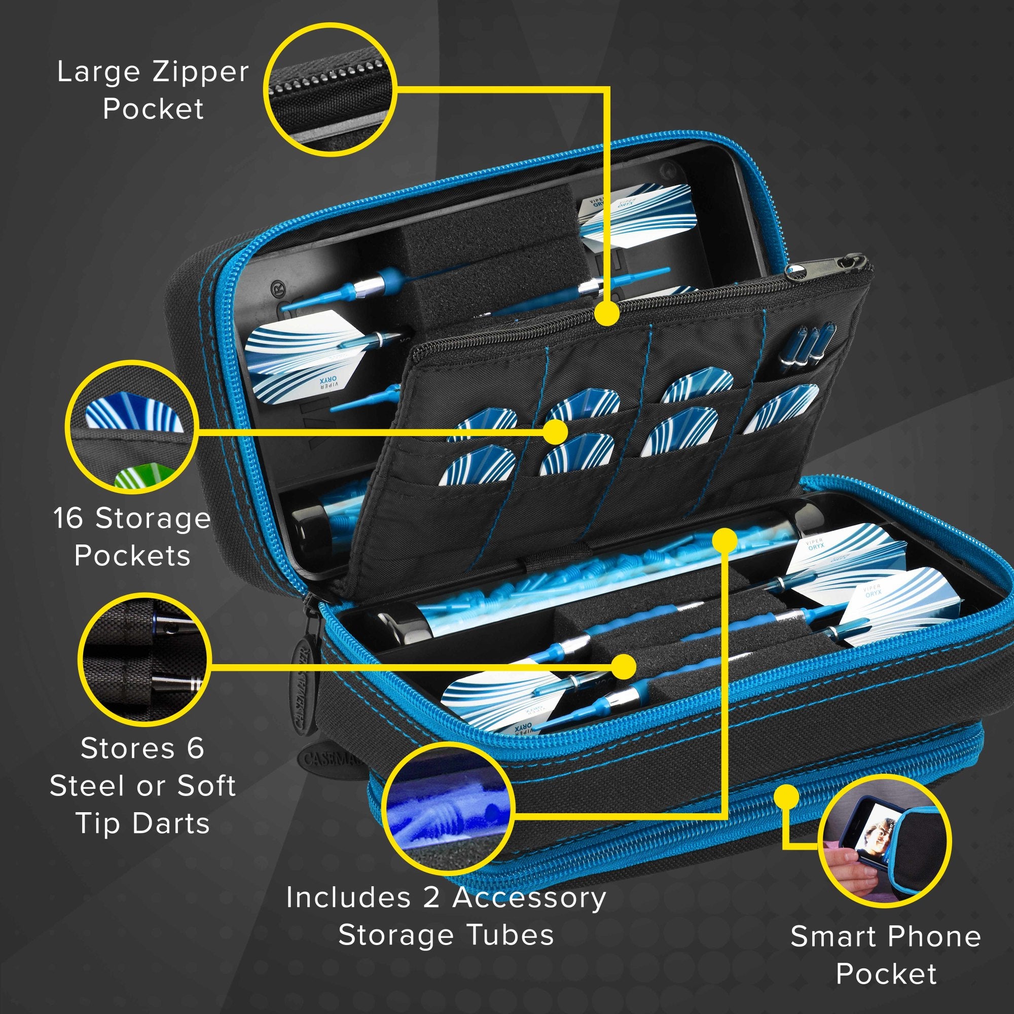 Casemaster Plazma Pro Dart Case Black with Blue Zipper and Phone Pocket