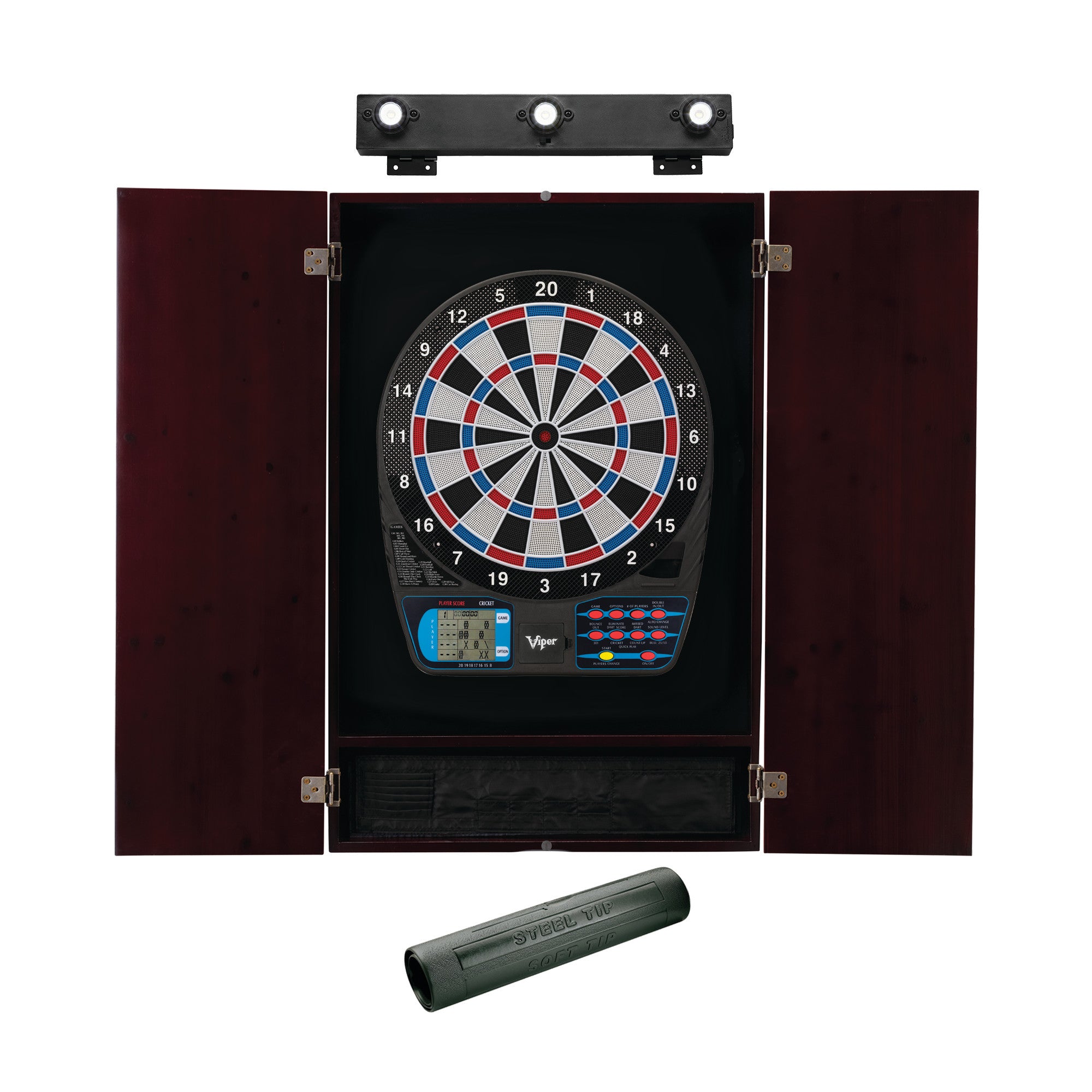 Viper 787 Electronic Dartboard, Metropolitan Mahogany Cabinet, Padded Dart MAt & Shadow Buster Dartboard Lights