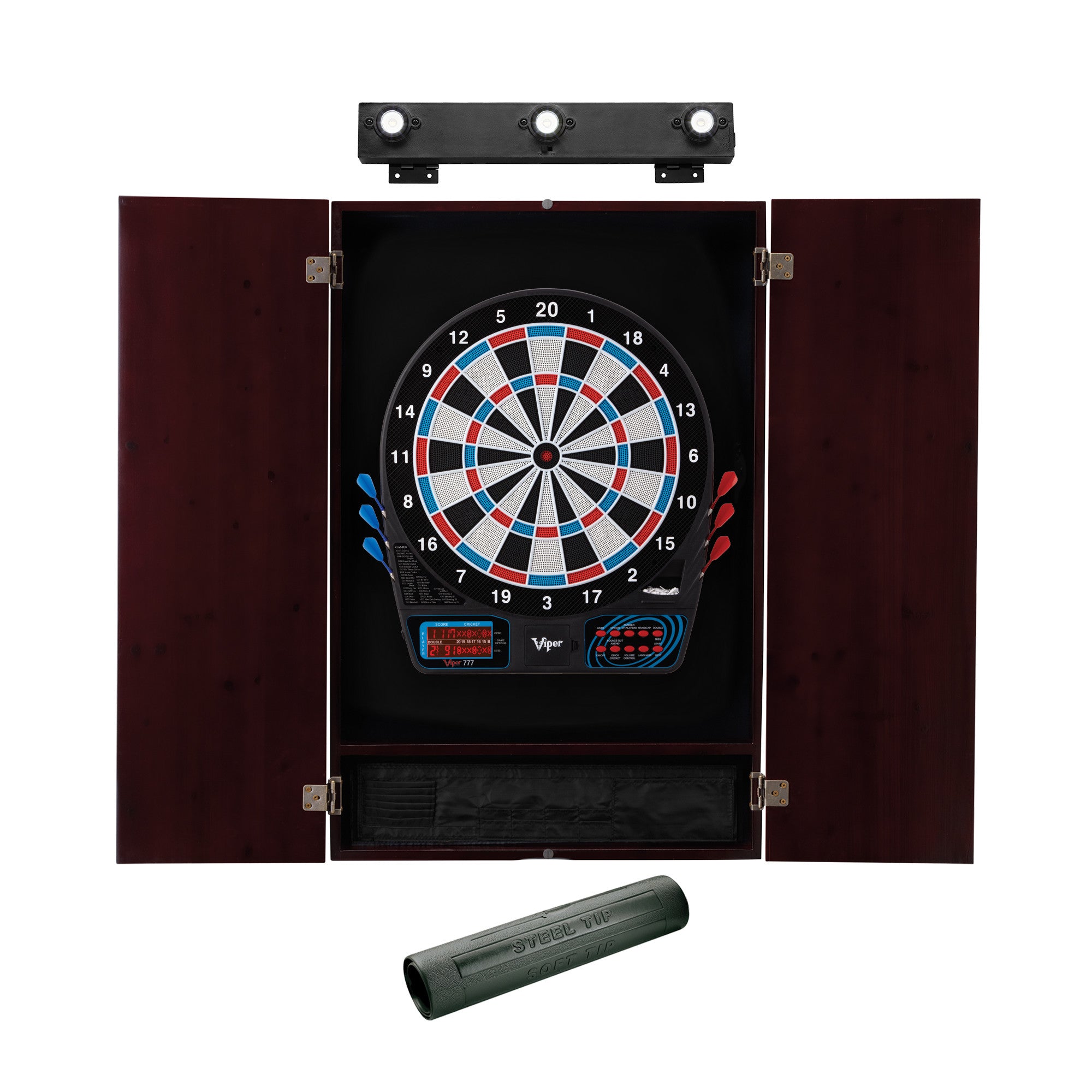 Viper 777 Electronic Dartboard, Metropolitan Mahogany Cabinet, Padded Dart MAt & Shadow Buster Dartboard Lights