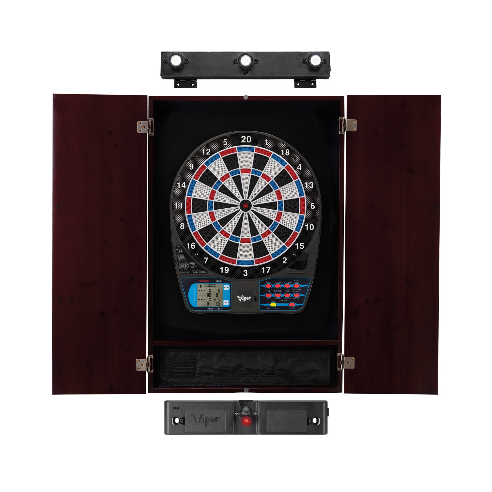 Viper 787 Electronic Dartboard, Metropolitan Mahogany Cabinet, Laser Throw Line Marker & Shadow Buster Dartboard Lights