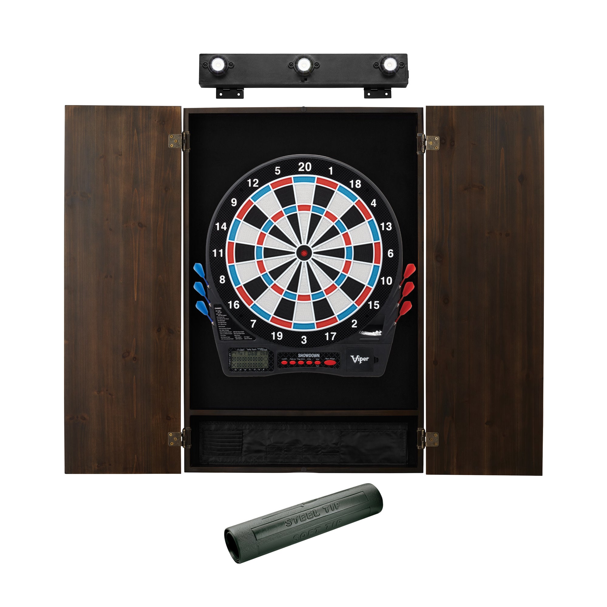Viper Showdown Electronic Dartboard, Metropolitan Espresso Cabinet, Dart Mat & Shadow Buster Dartboard Light Bundle