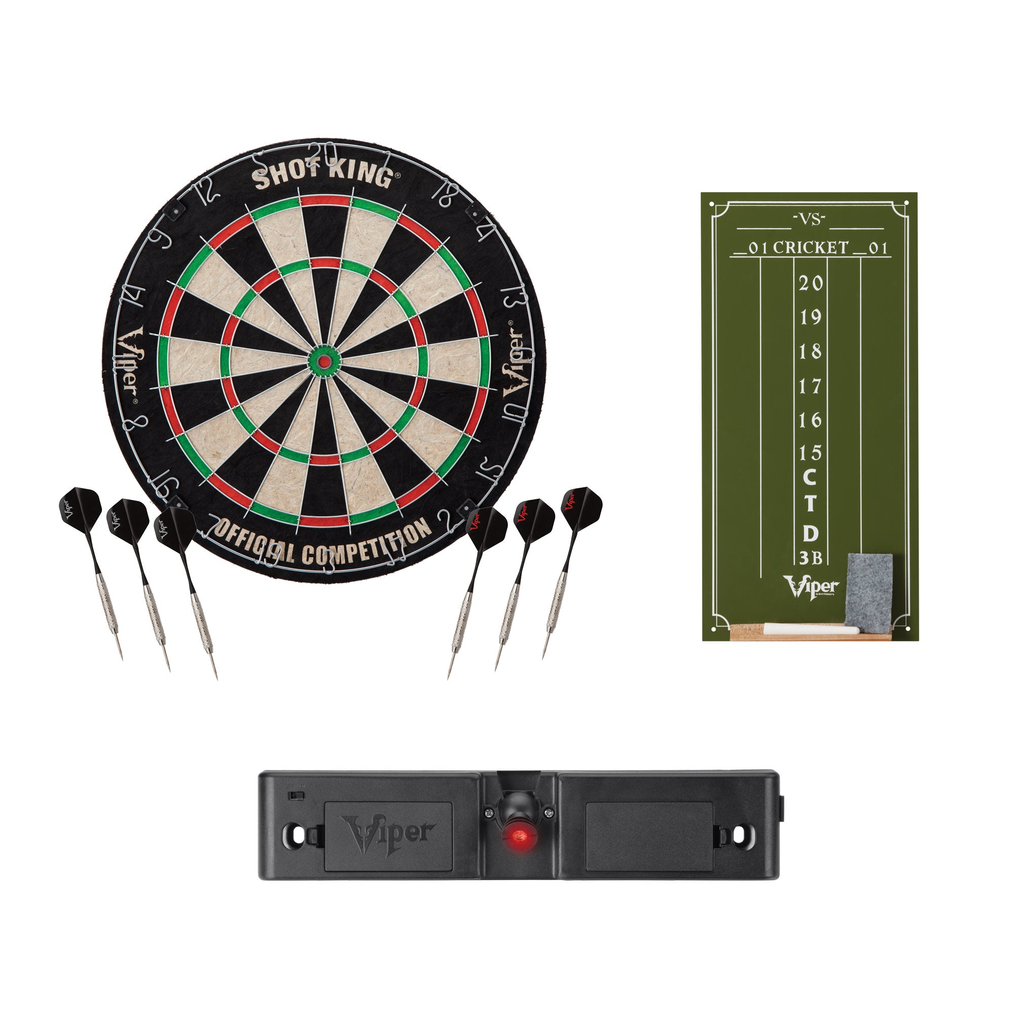Viper Shot King Dartboard, Small Cricket Chalk Scoreboard, and Laser Throw Line
