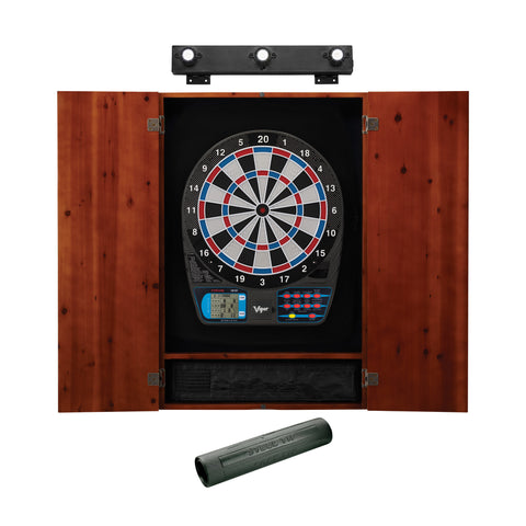 Image of Viper 787 Electronic Dartboard, Metropolitan Cinnamon Cabinet, Dart Mat & Shadow Buster Dartboard Light Bundle