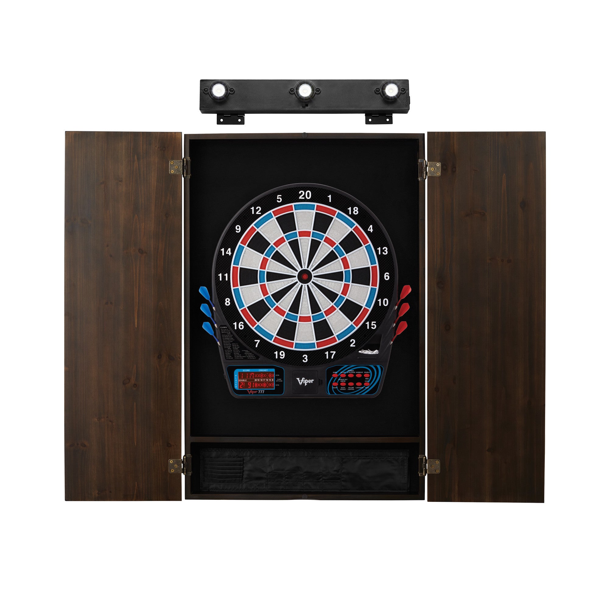 Viper 777 Electronic Dartboard, Metropolitan Espresso Cabinet & Shadow Buster Dartboard Light Bundle
