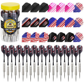 A set of 21 steel tip darts in a jar with various patriotic-themed dart flights attached.