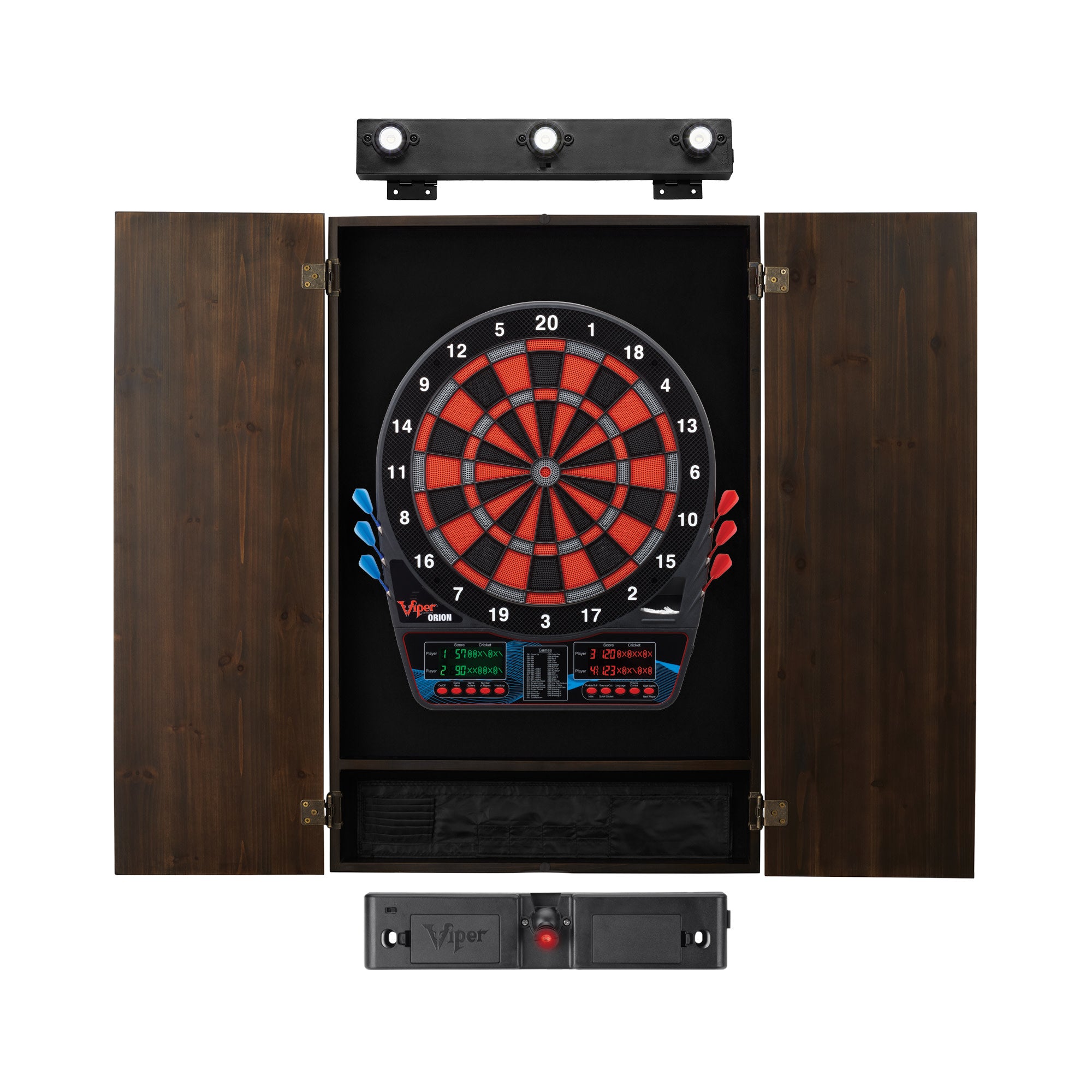 Viper Orion Electronic Dartboard, Metropolitan Espresso Cabinet, Laser Throw Line & Shadow Buster Dartboard Light Bundle
