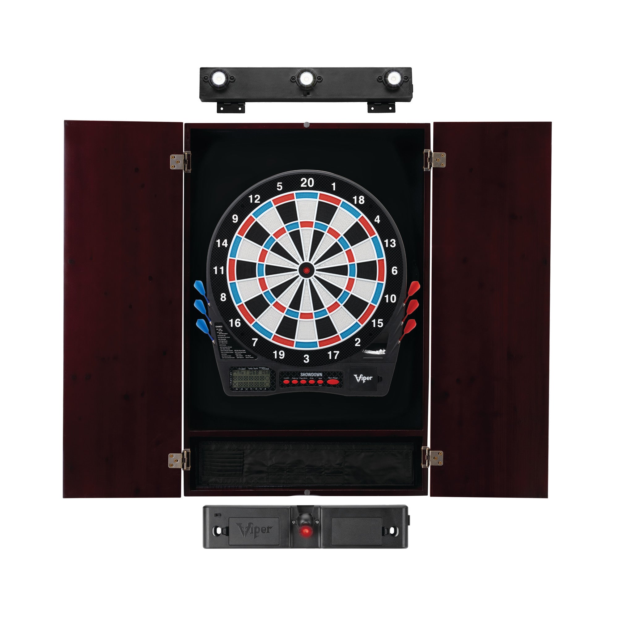 Viper Showdown Electronic Dartboard, Metropolitan Mahogany Cabinet, Laser Throw Line Marker & Shadow Buster Dartboard Lights