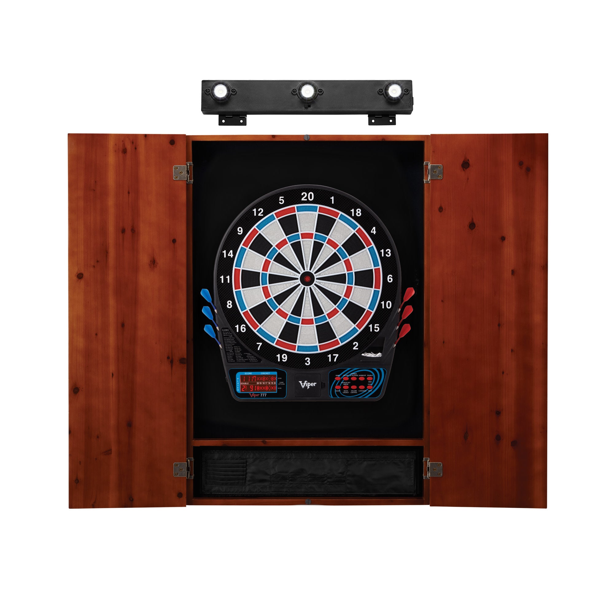 Viper 777 Electronic Dartboard, Metropolitan Cinnamon Cabinet & Shadow Buster Dartboard Light Bundle