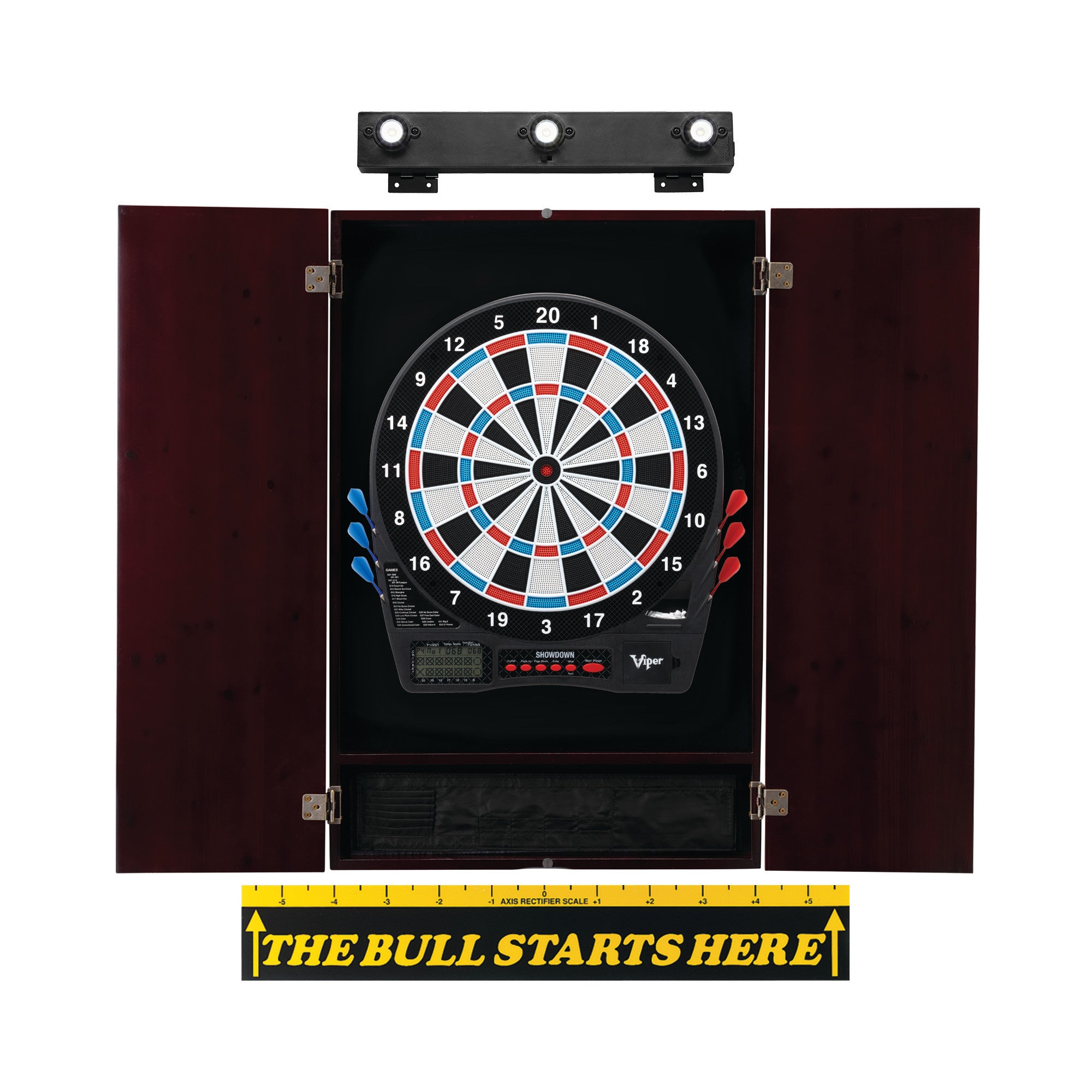 Viper Showdown Electronic Dartboard, Metropolitan Mahogany Cabinet & Shadow Buster Dartboard Lights