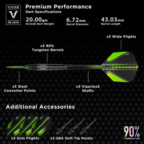 Image of Viper Black Flux 90% Tungsten Steel or Soft Tip Conversion Darts Green 20 Grams