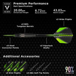 Viper Black Flux 90% Tungsten Steel or Soft Tip Conversion Darts Green 20 Grams