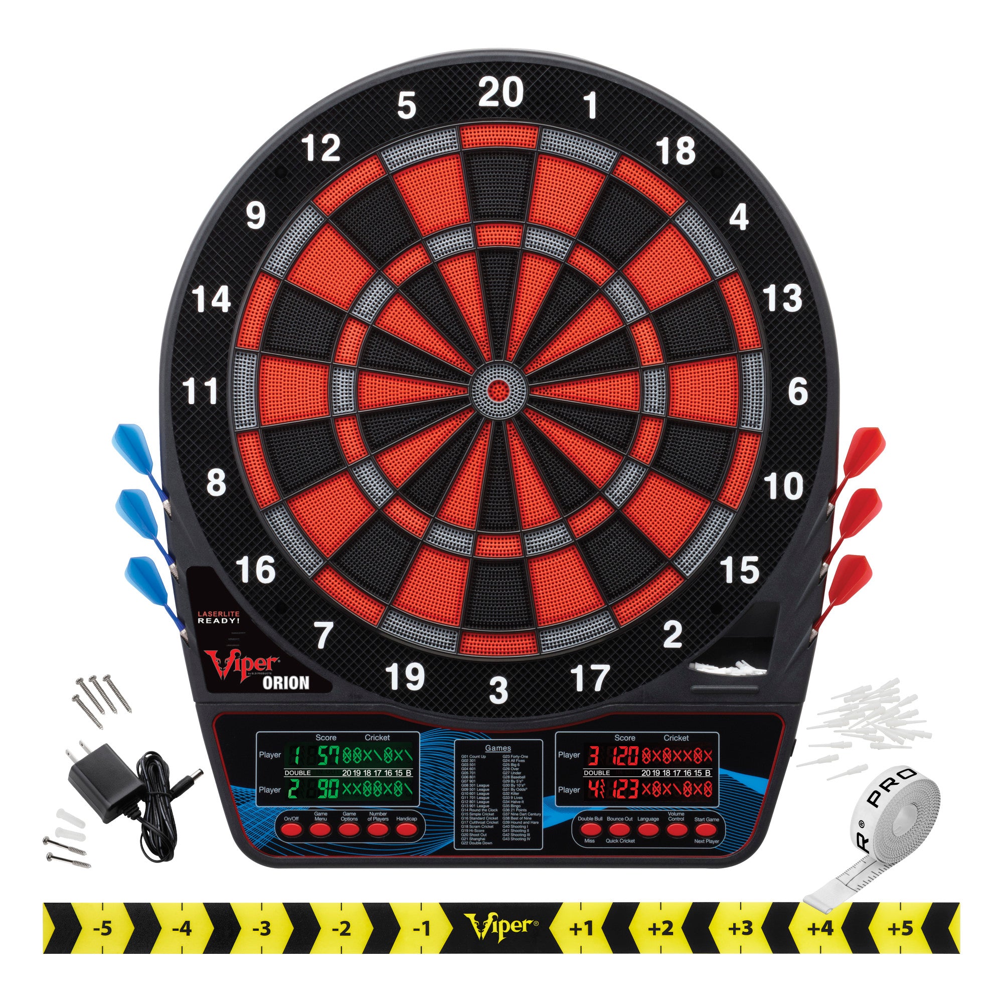 Viper Orion Electronic Dartboard, Metropolitan Cinnamon Cabinet, Throw Line Marker & Shadow Buster Dartboard Light Bundle