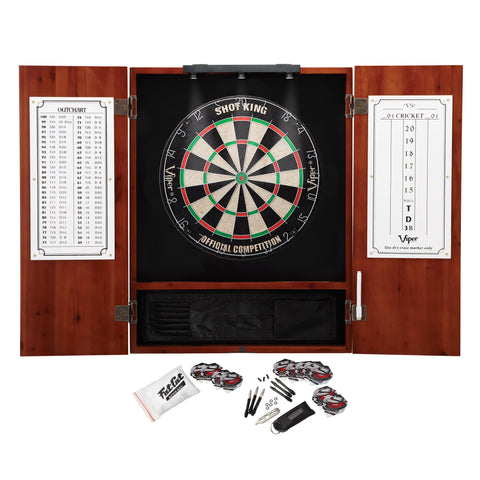 Image of Viper Metropolitan Cinnamon Steel Tip Dartboard Cabinet, Viper Shot King Bristle Dartboard, Viper Shadow Buster Dartboard Lights, and Fat Cat Steel Tip Accessory Value Pack