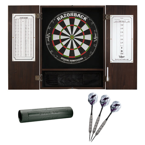 Image of Viper Espresso Metropolitan Steel Tip Cabinet, Viper Razorback Sisal Dartboard, Viper Underground Raven Steel Tip Darts 25 Grams, and Viper Vinyl Dart Mat