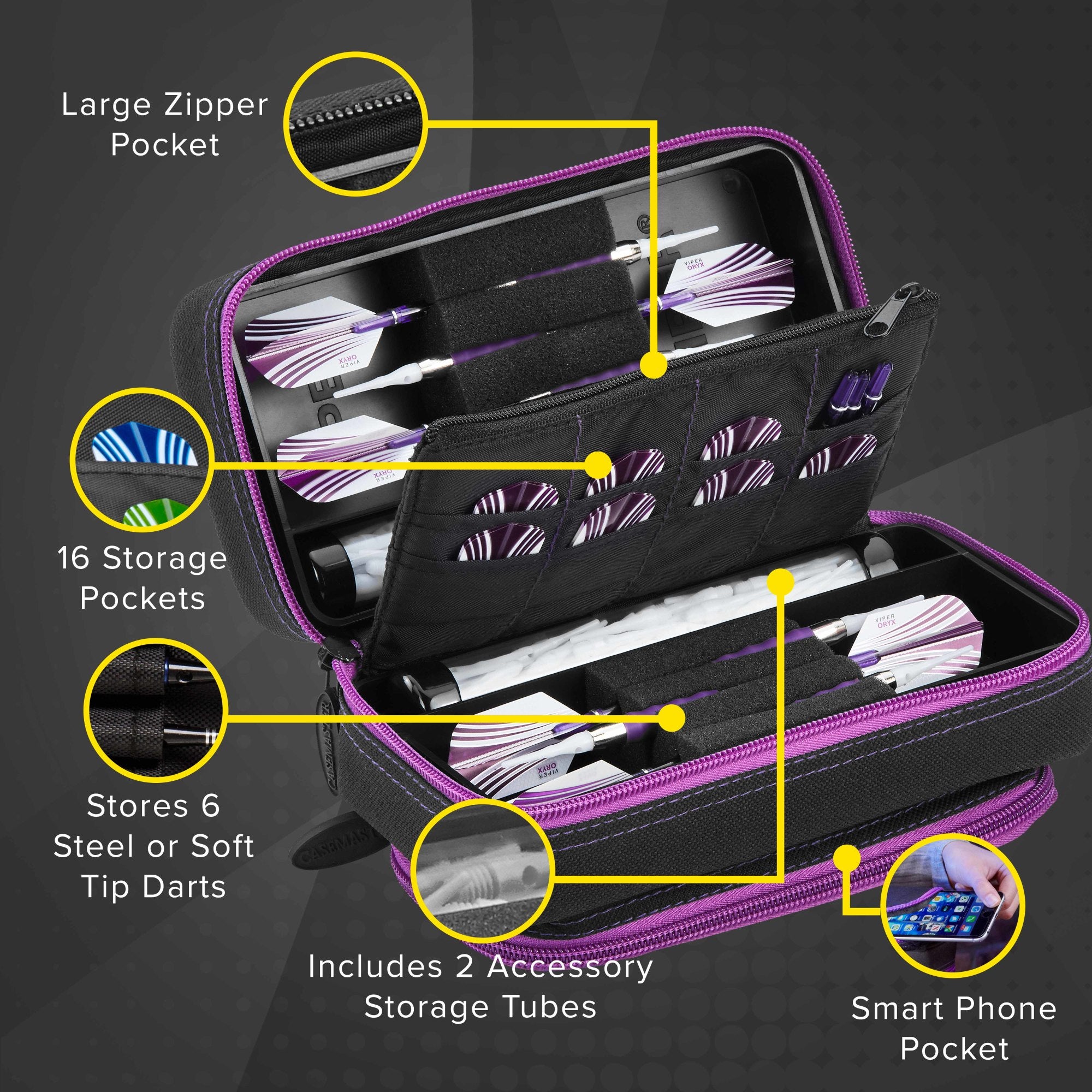 Casemaster Plazma Pro Dart Case Black with Amethyst Zipper and Phone Pocket