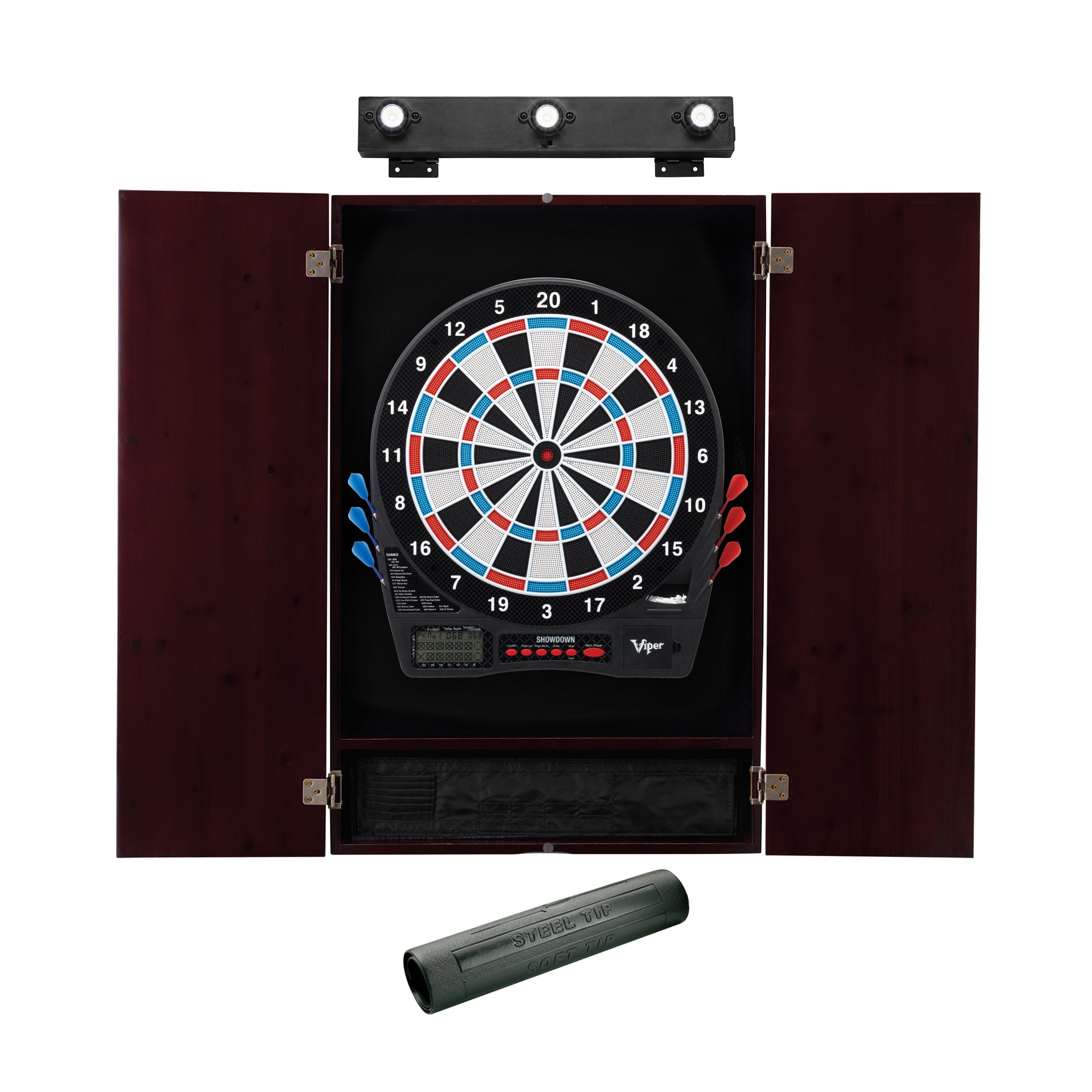Viper Showdown Electronic Dartboard, Metropolitan Mahogany Cabinet, Padded Dart MAt & Shadow Buster Dartboard Lights