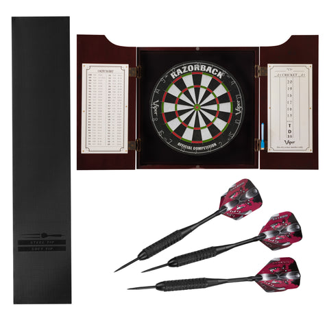 Image of Viper Razorback Sisal Dartboard, Hudson Mahogany Cabinet, Padded Mat & Black Mariah Steel Tip Darts