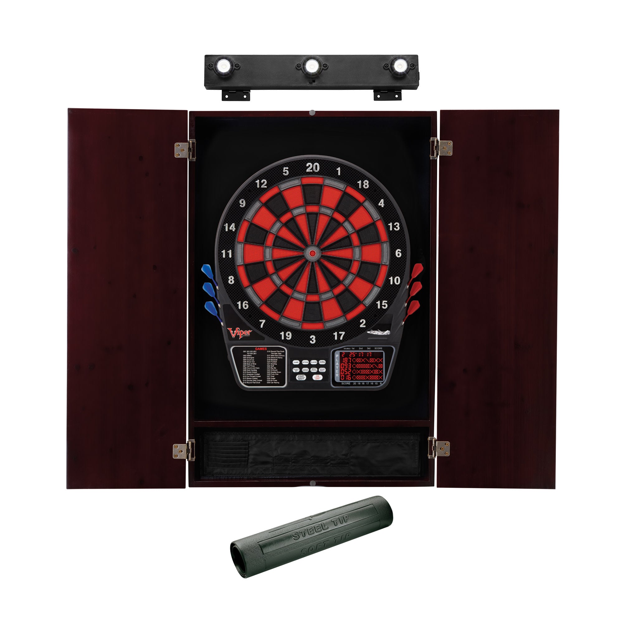 Viper 797 Electronic Dartboard, Metropolitan Mahogany Cabinet, Dart Mat & Shadow Buster Dartboard Light Bundle