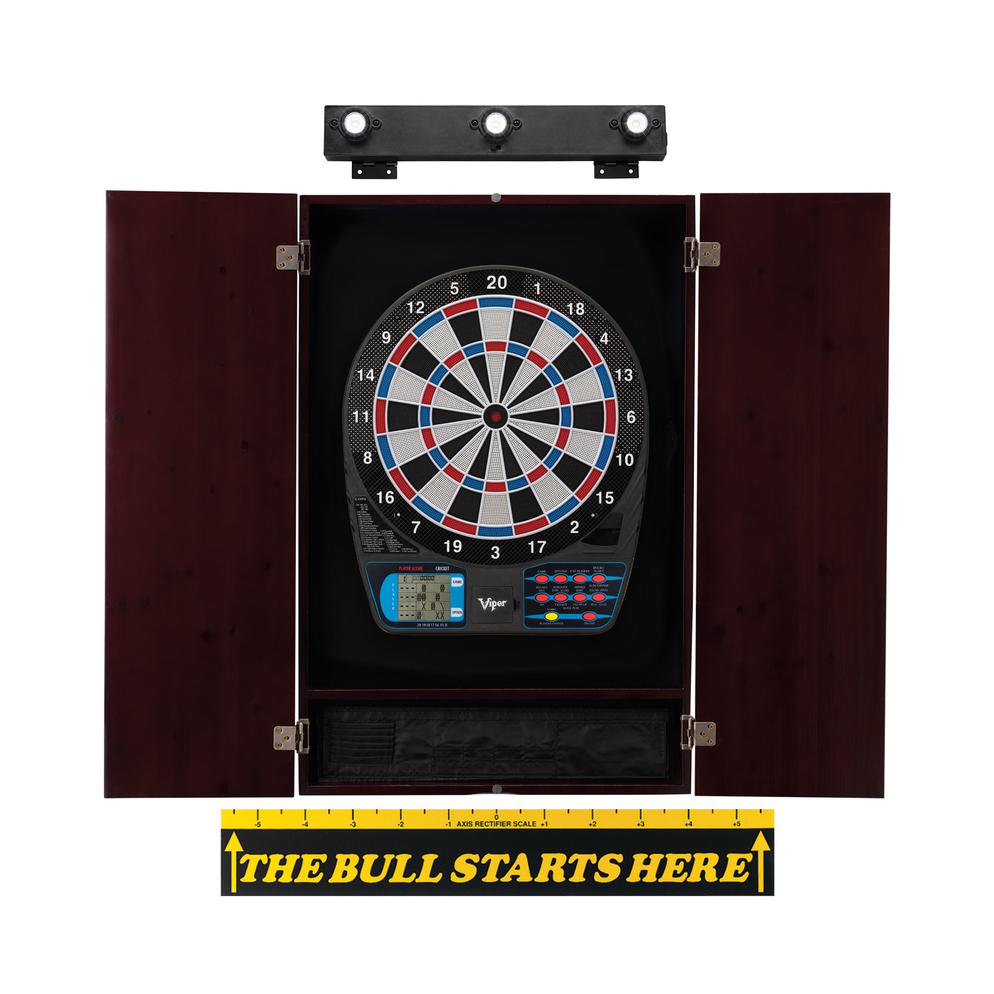 Viper 787 Electronic Dartboard, Metropolitan Mahogany Cabinet, "The Bull Starts Here" Throw Line Marker & Shadow Buster Dartboard Lights