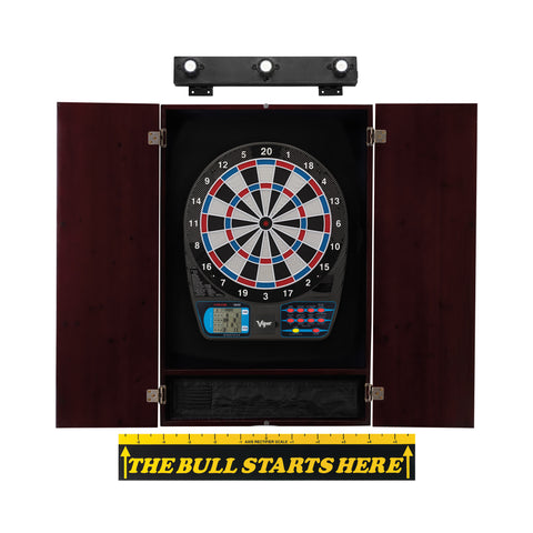 Image of Viper 787 Electronic Dartboard, Metropolitan Mahogany Cabinet, "The Bull Starts Here" Throw Line Marker & Shadow Buster Dartboard Lights