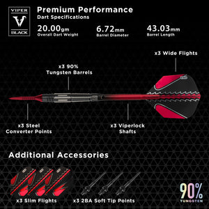 Viper Black Flux 90% Tungsten Steel or Soft Tip Conversion Darts Red 20 Grams