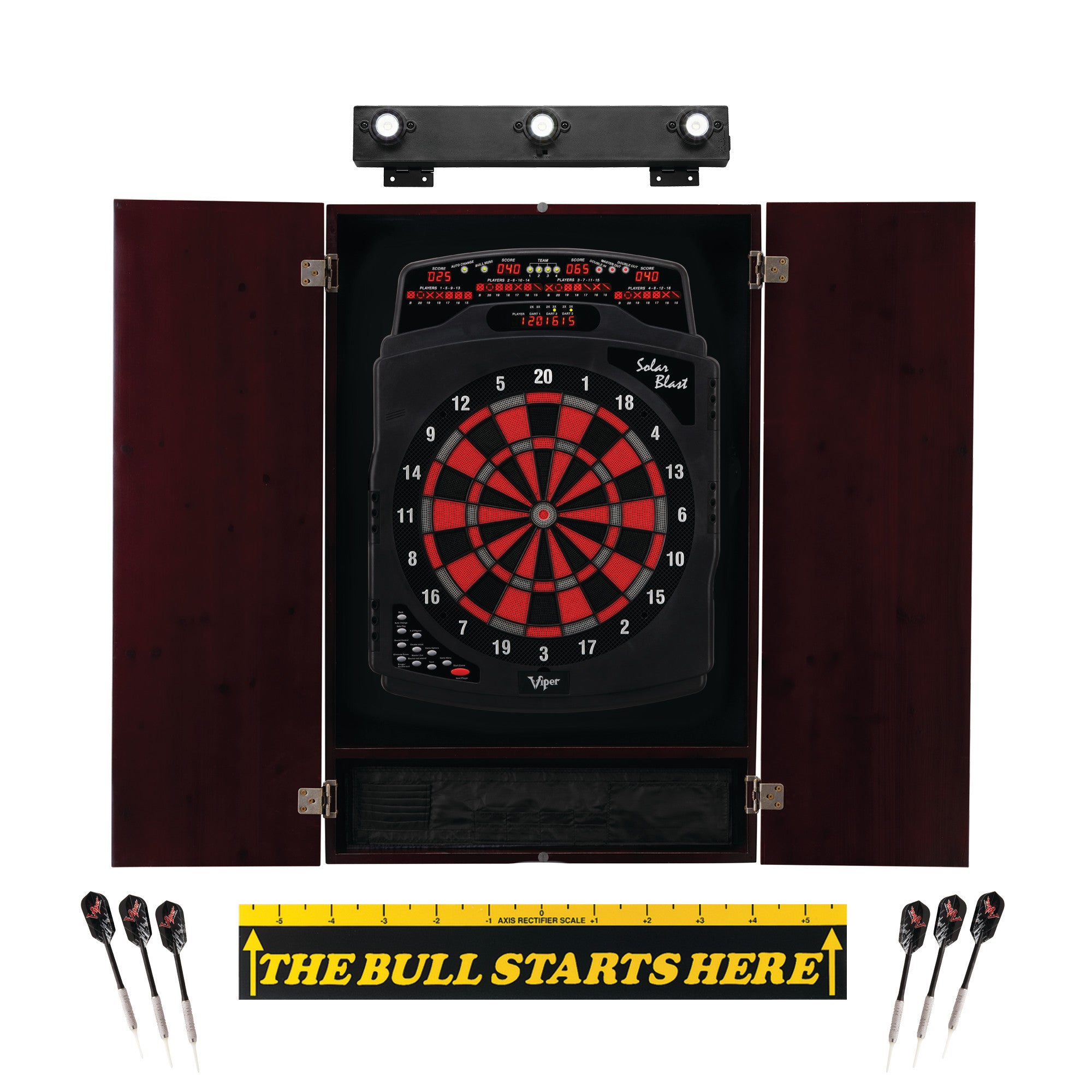 Viper Solar Blast Electronic Dartboard, Metropolitan Mahogany Cabinet, "The Bull Starts Here" Throw Line Marker & Shadow Buster Dartboard Lights