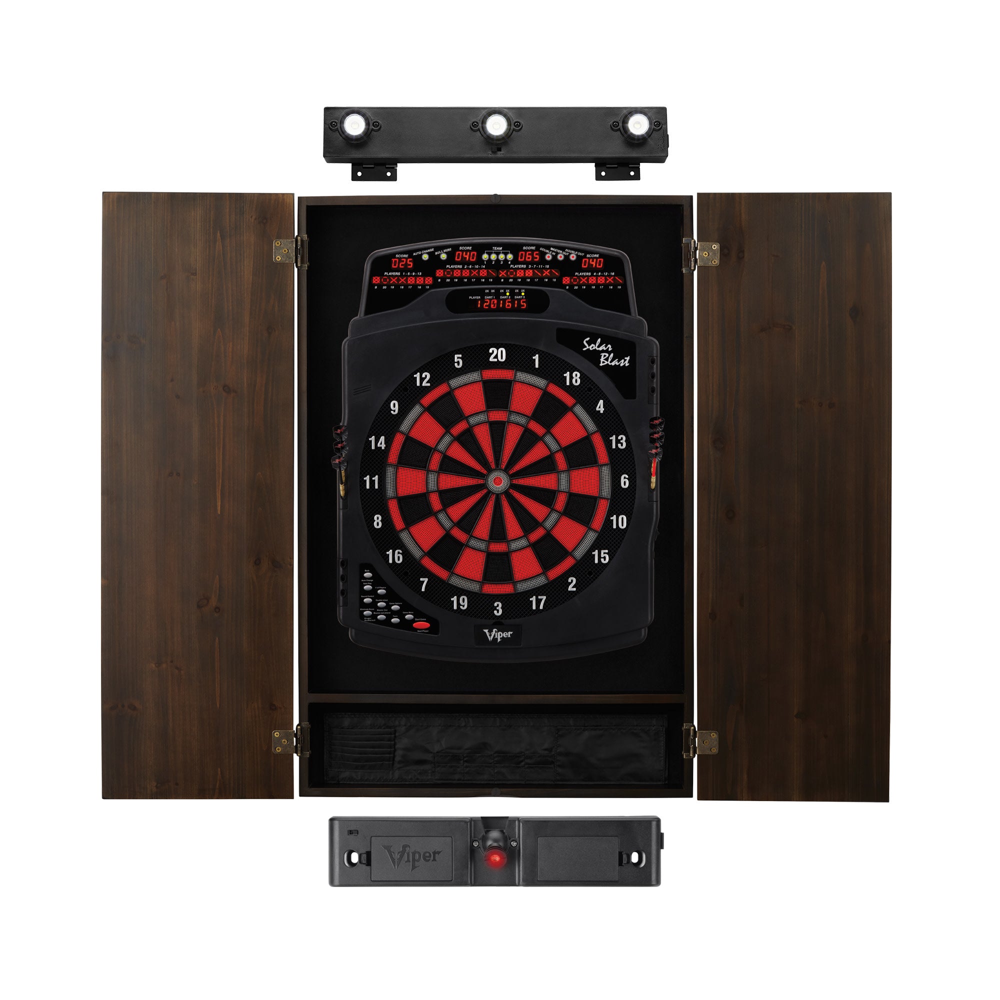 Viper Solar Blast Electronic Dartboard, Metropolitan Espresso Cabinet, Laser Throw Line & Shadow Buster Dartboard Light Bundle