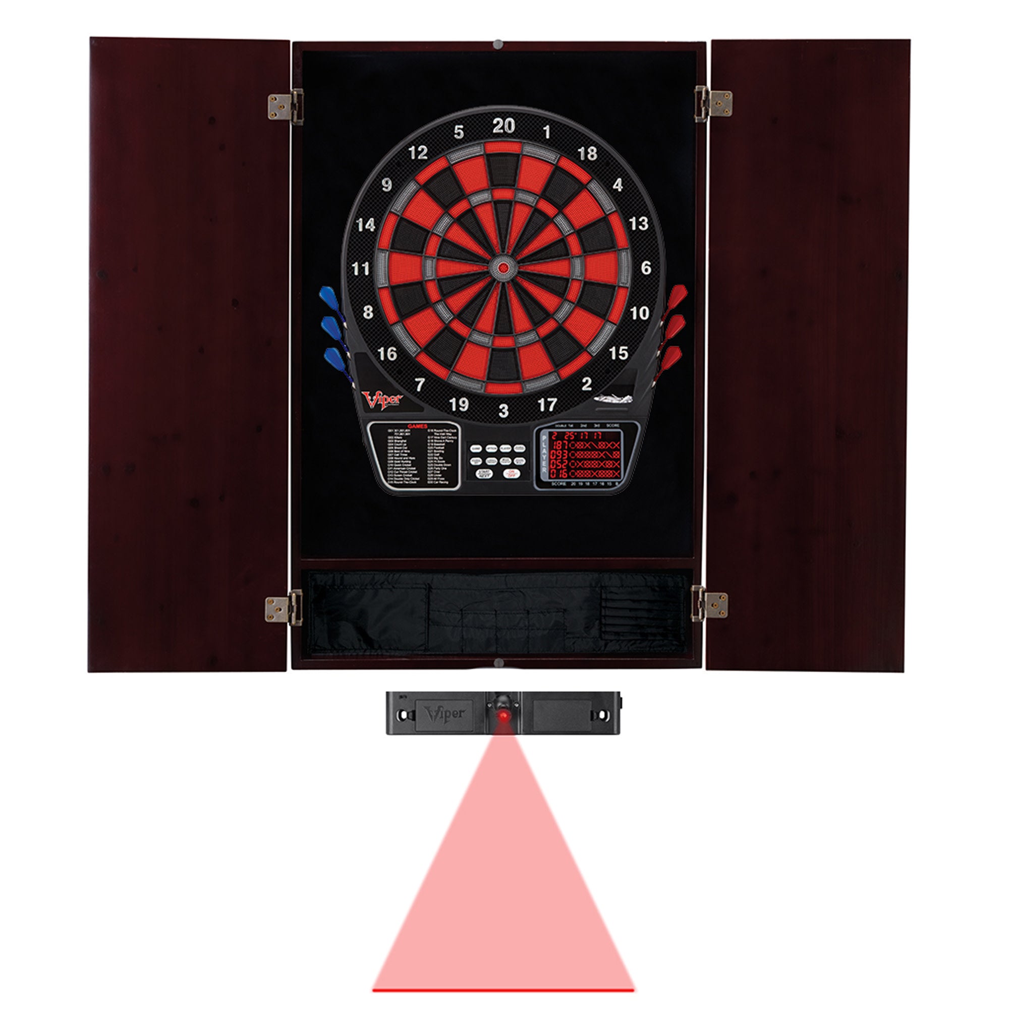Viper Metropolitan Mahogany Soft Tip Dartboard Cabinet, 797 Electronic Dartboard, and Dart Laser Line