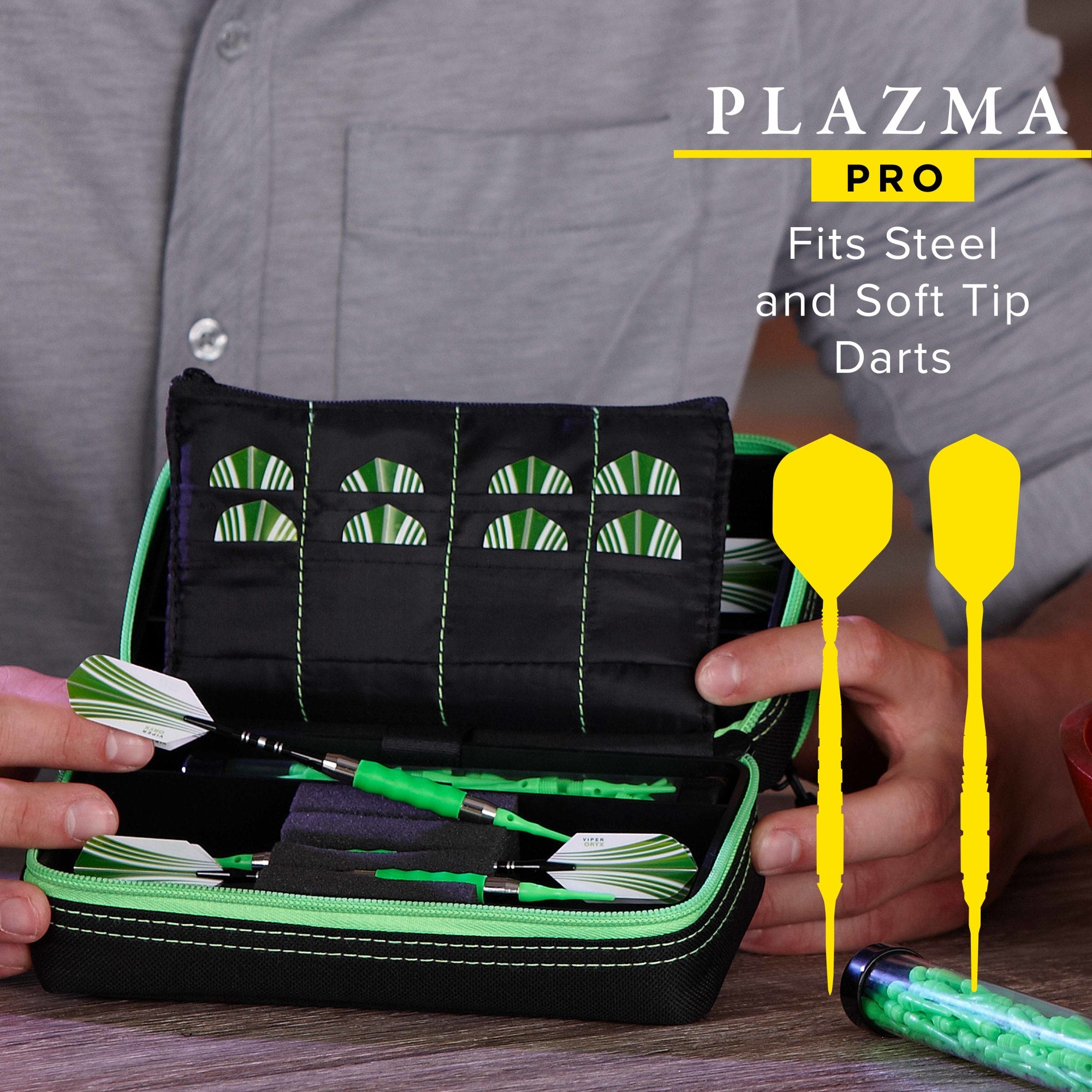 Casemaster Plazma Pro Dart Case Black with Green Zipper and Phone Pocket