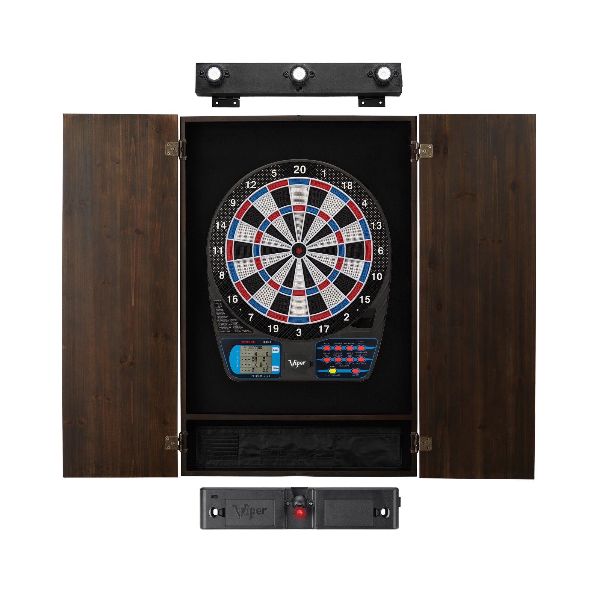 Viper 787 Electronic Dartboard, Metropolitan Espresso Cabinet, Laser Throw Line & Shadow Buster Dartboard Light Bundle