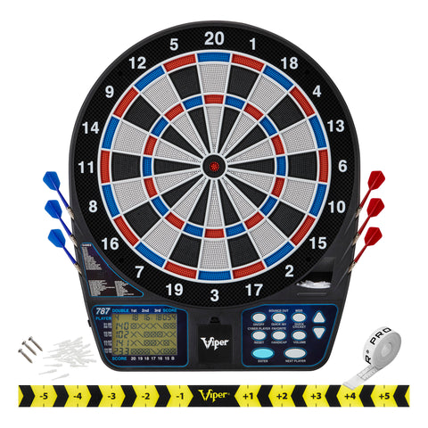 Image of Viper 787 Electronic Dartboard, Metropolitan Mahogany Cabinet, "The Bull Starts Here" Throw Line Marker & Shadow Buster Dartboard Lights