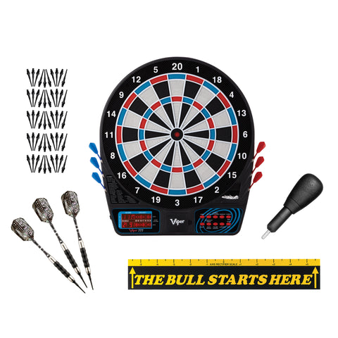 Image of Viper 777 Electronic Dartboard, "The Bull Starts Here" Throw Line Marker, Sure Grip Black Soft Tip Darts, Dart Tip Remover Tool & Tufflex II Black Dart Tips