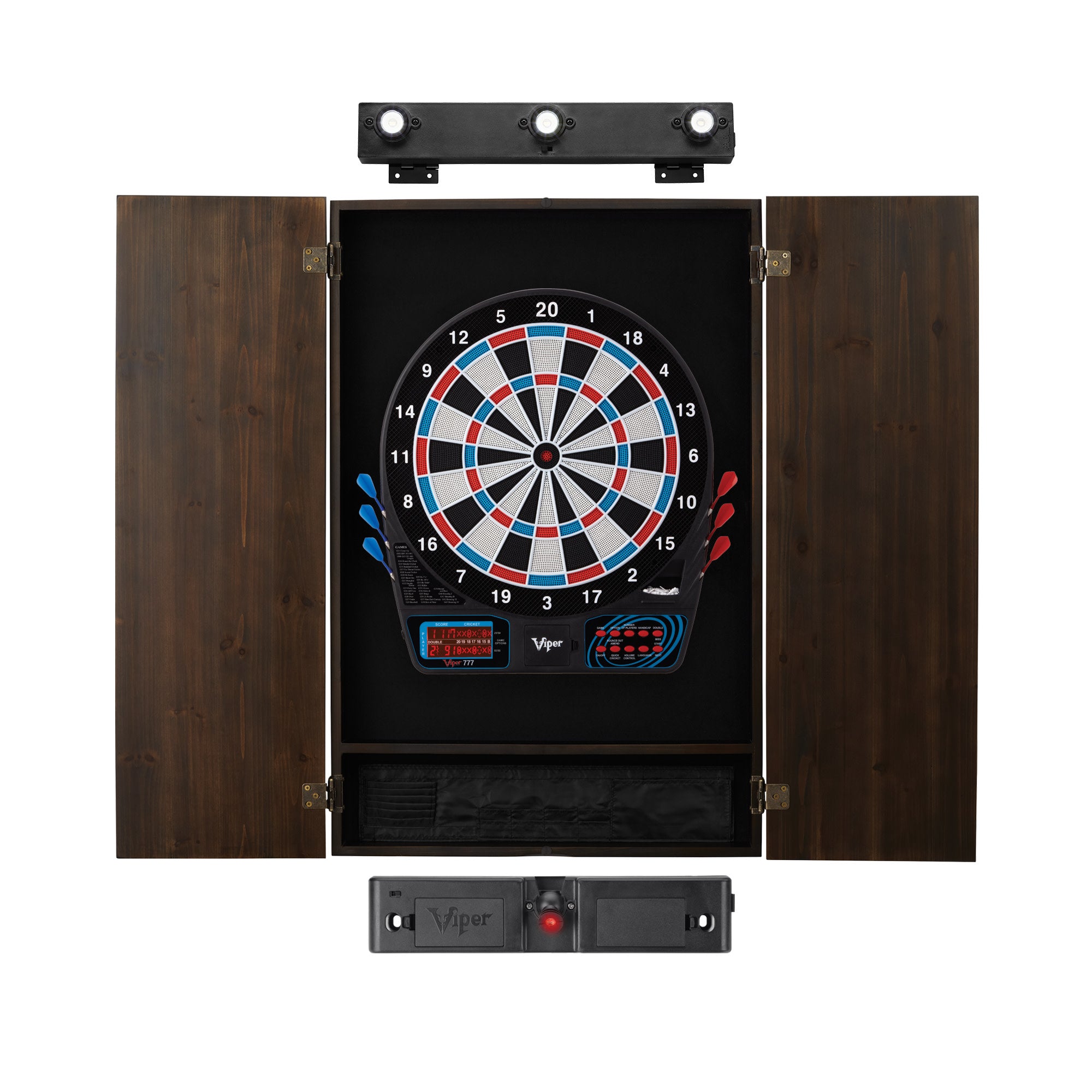 Viper 777 Electronic Dartboard, Metropolitan Espresso Cabinet, Laser Throw Line & Shadow Buster Dartboard Light Bundle