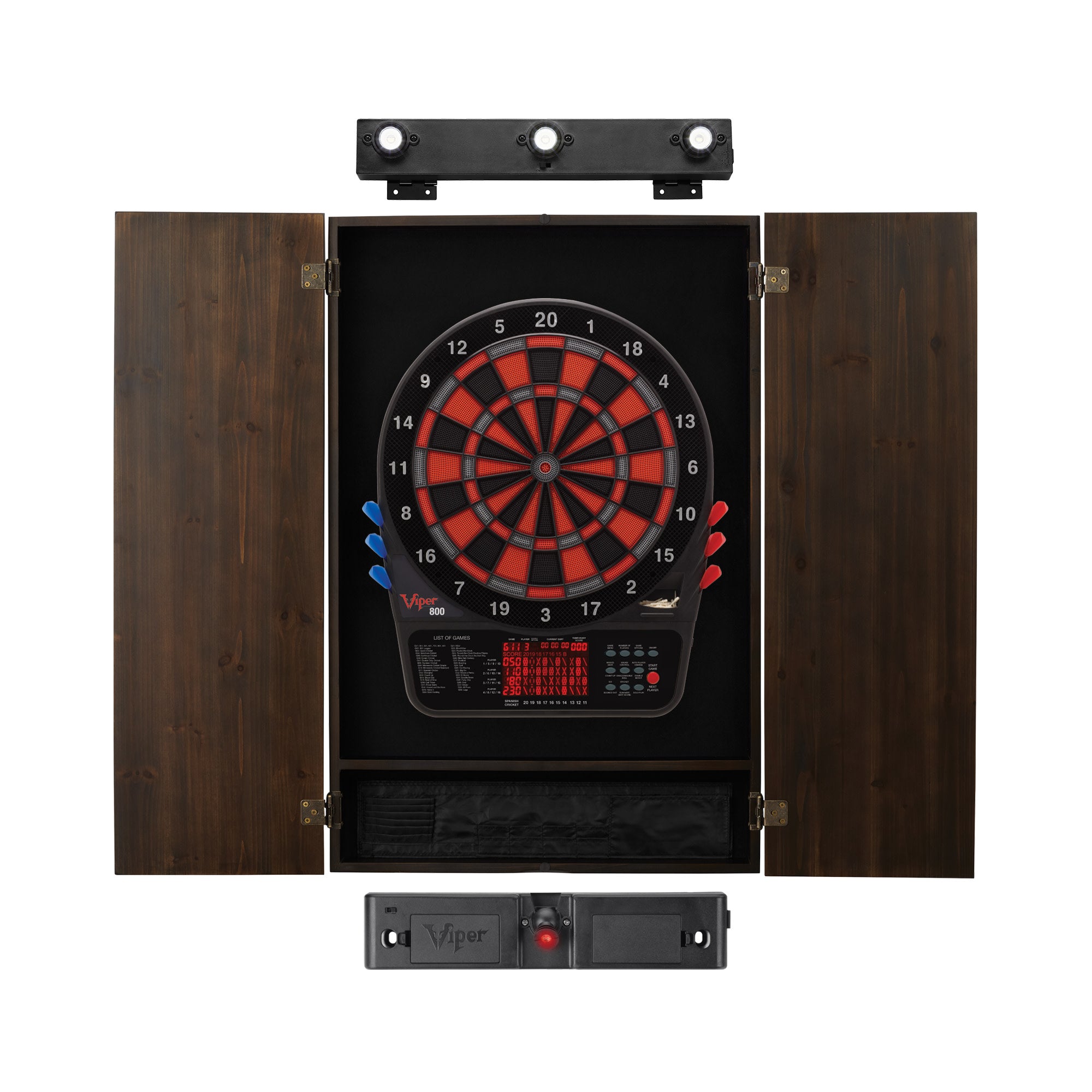 Viper 800 Electronic Dartboard, Metropolitan Espresso Cabinet, Laser Throw Line & Shadow Buster Dartboard Light Bundle