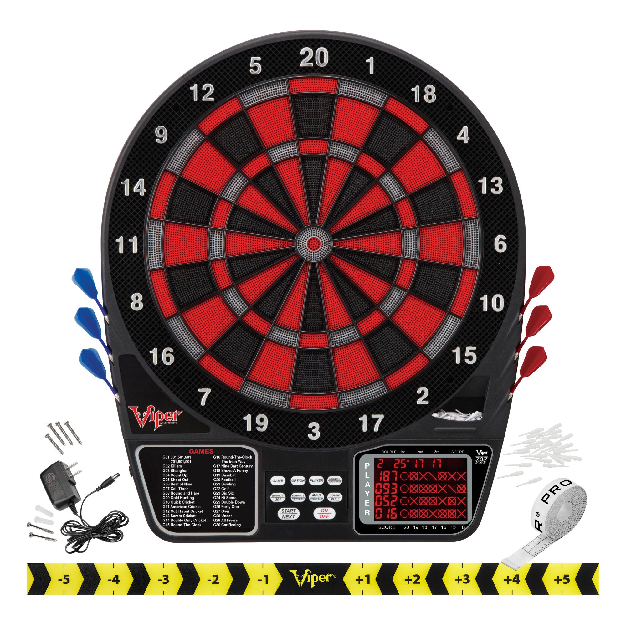 Viper 797 Electronic Dartboard, Metropolitan Mahogany Cabinet, Throw Line Marker & Shadow Buster Bundle