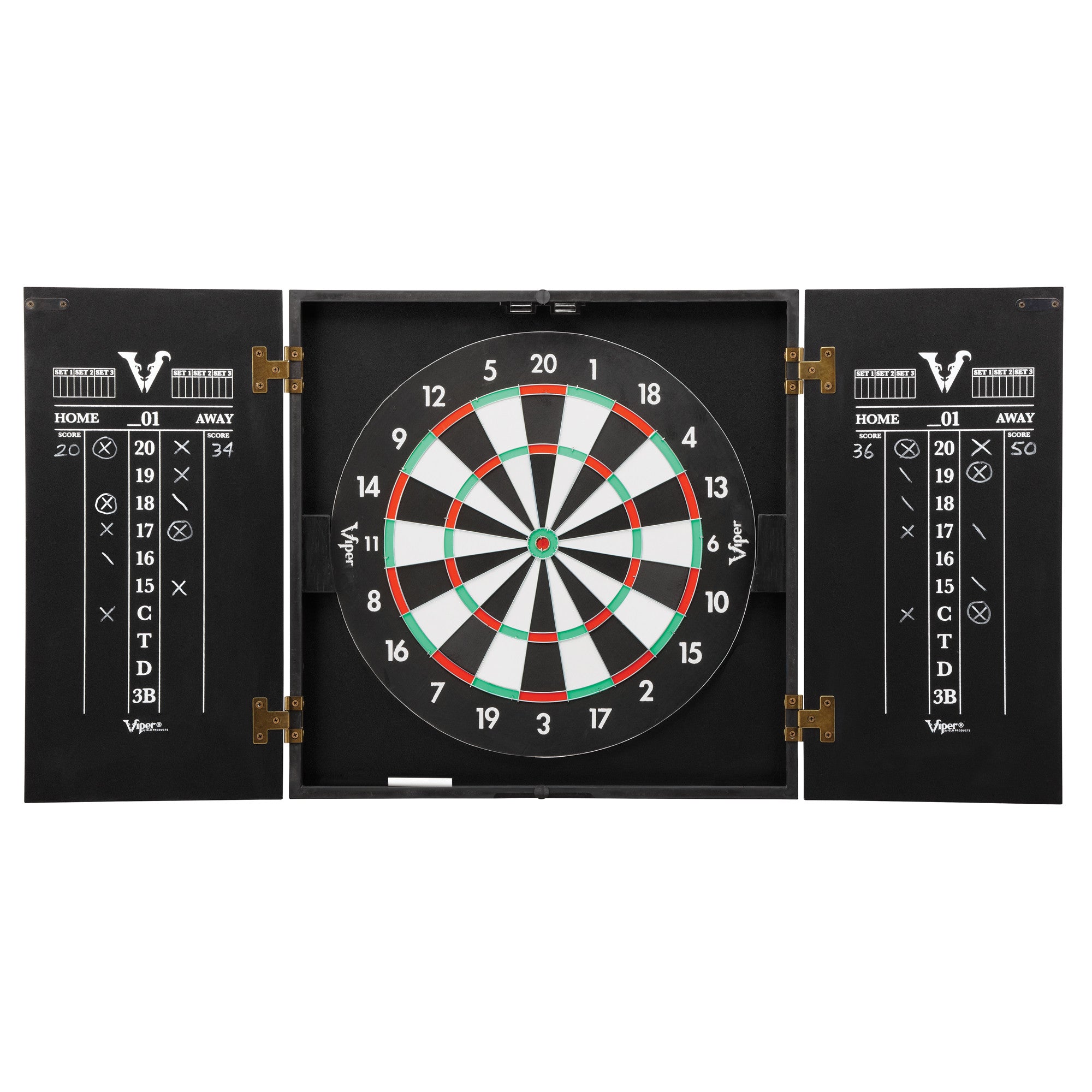 Viper Hideaway Cabinet with Coiled Paper Dartboard, "The Bull Starts Here" Throw Line Marker & Steel Tip Dart Accessories Kit