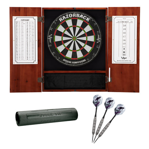 Image of Viper Metropolitan Cinnamon Steel Tip Dartboard Cabinet, Viper Razorback Sisal Dartboard, Viper Underground Raven Steel Tip Darts 25 Grams, and Viper Vinyl Dart Mat