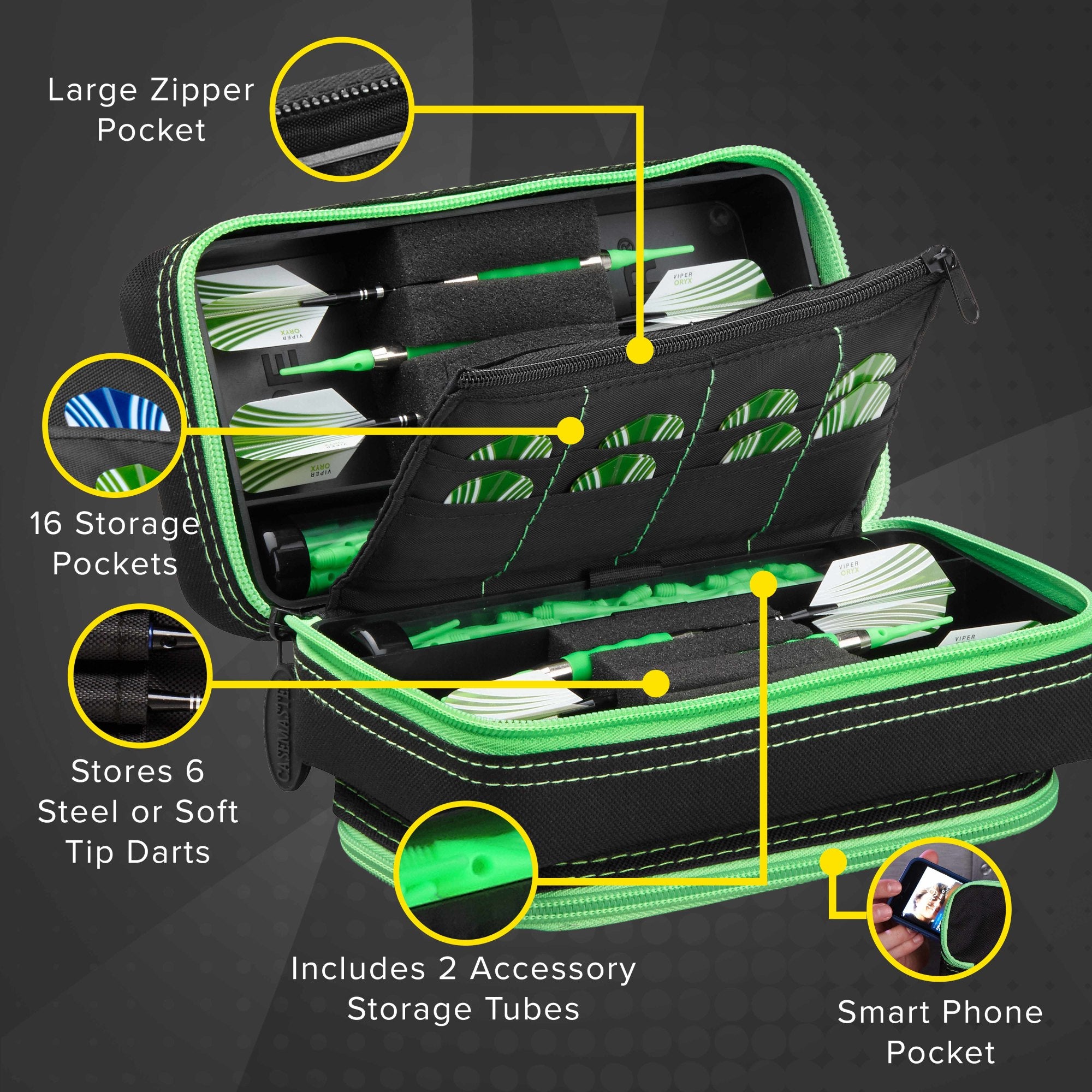 Casemaster Plazma Pro Dart Case Black with Green Zipper and Phone Pocket