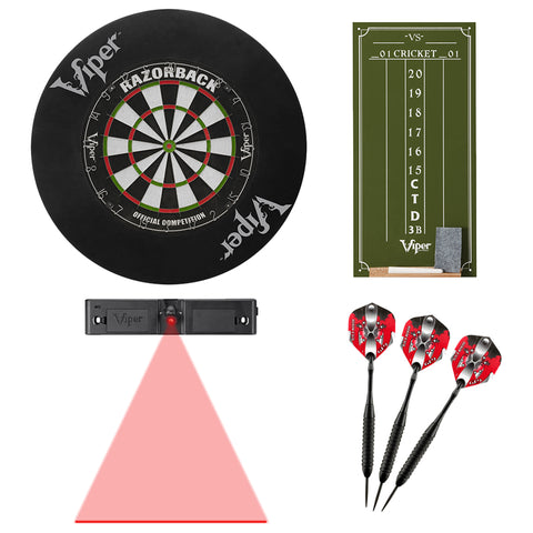 Image of Viper Razorback Sisal/Bristle Dartboard with 22 Gram Steel Tip Darts, Laser Dart Throwline, Round Wall Defender & Small Chalk Scoreboard