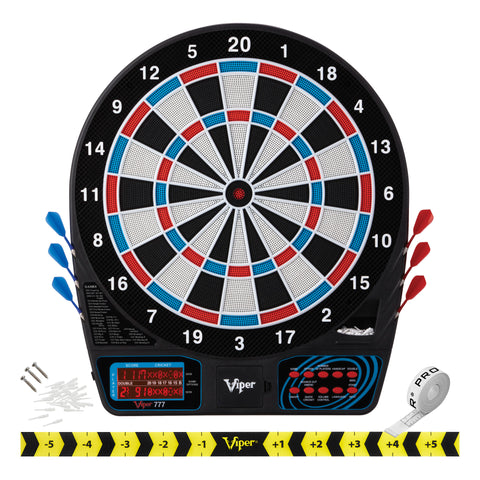 Image of Viper 777 Electronic Dartboard, Metropolitan Mahogany Cabinet, "The Bull Starts Here" Throw Line Marker & Shadow Buster Dartboard Lights