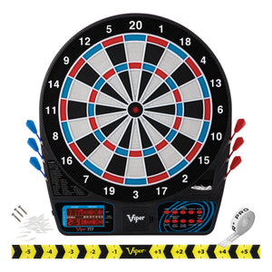 Viper 777 Electronic Dartboard, Metropolitan Espresso Cabinet, Throw Line Marker & Shadow Buster Dartboard Light Bundle