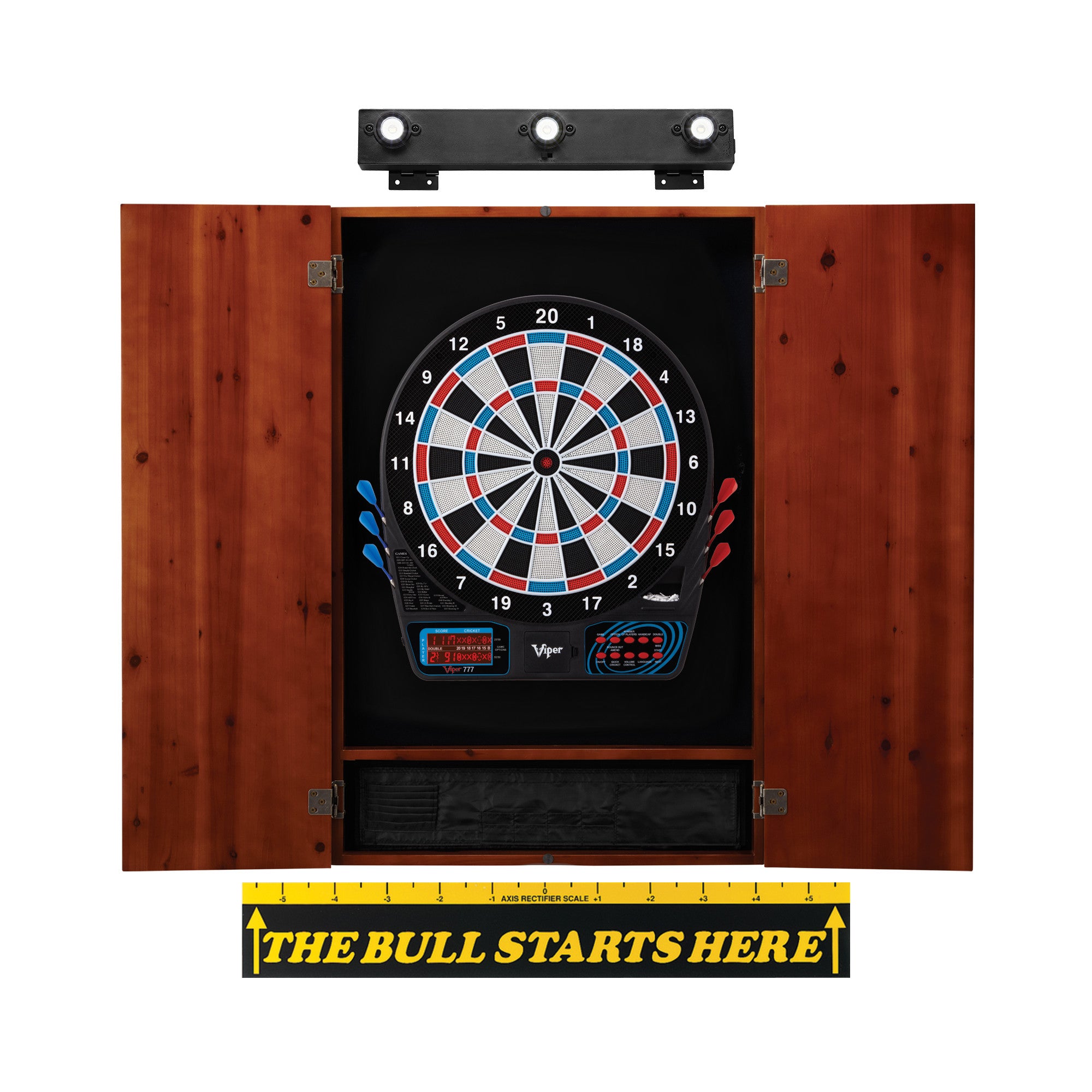 Viper 777 Electronic Dartboard, Metropolitan Cinnamon Cabinet, Throw Line Marker & Shadow Buster Dartboard Light Bundle