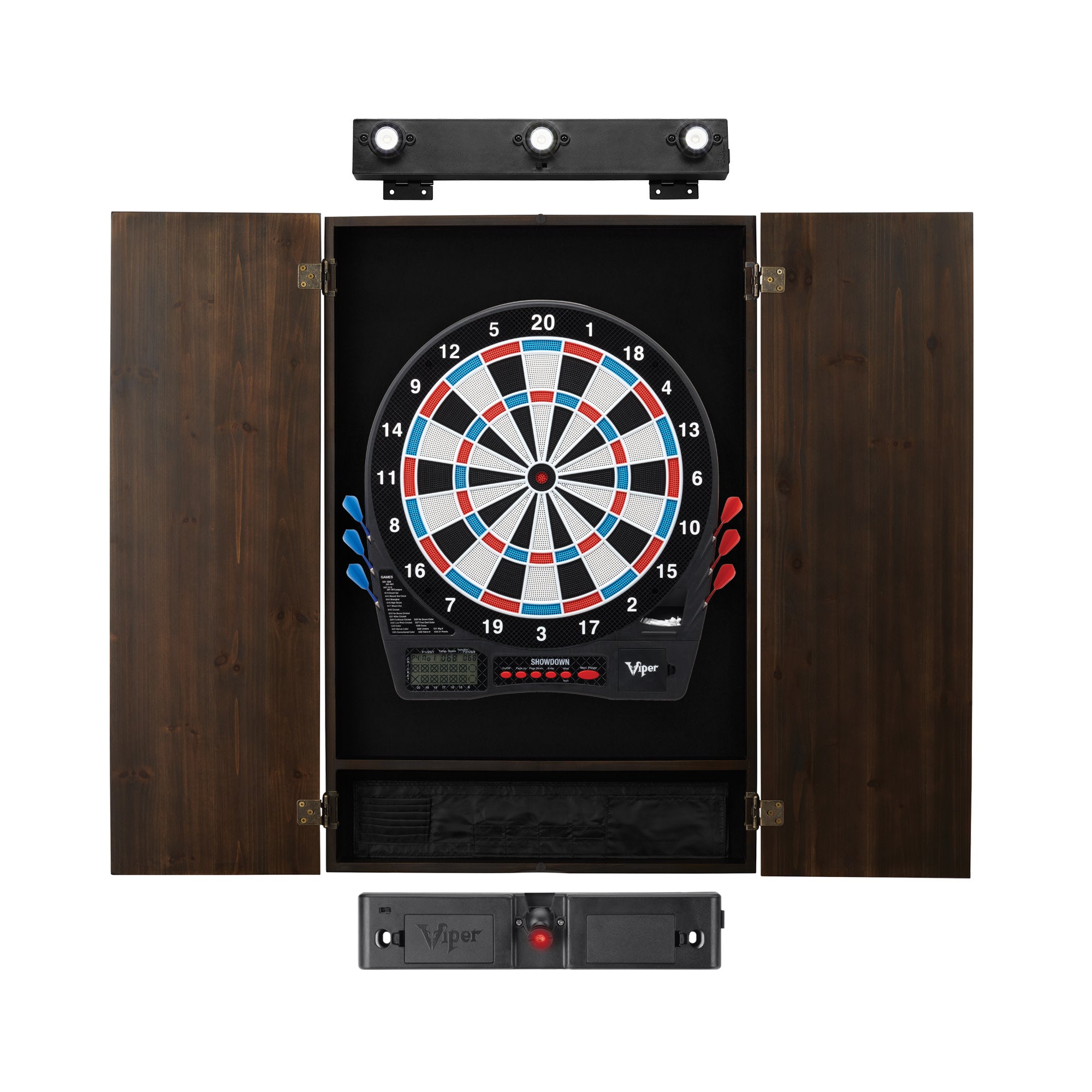 Viper Showdown Electronic Dartboard, Metropolitan Espresso Cabinet, Laser Throw Line & Shadow Buster Dartboard Light Bundle