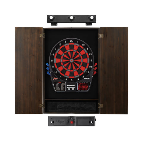 Image of Viper 797 Electronic Dartboard, Metropolitan Espresso Cabinet, Laser Throw Line & Shadow Buster Dartboard Light Bundle