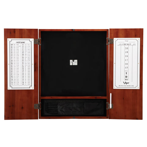 Image of Viper Metropolitan Cinnamon Steel Tip Dartboard Cabinet, Viper Razorback Sisal Dartboard, Viper Underground Raven Steel Tip Darts 25 Grams, and Viper Vinyl Dart Mat