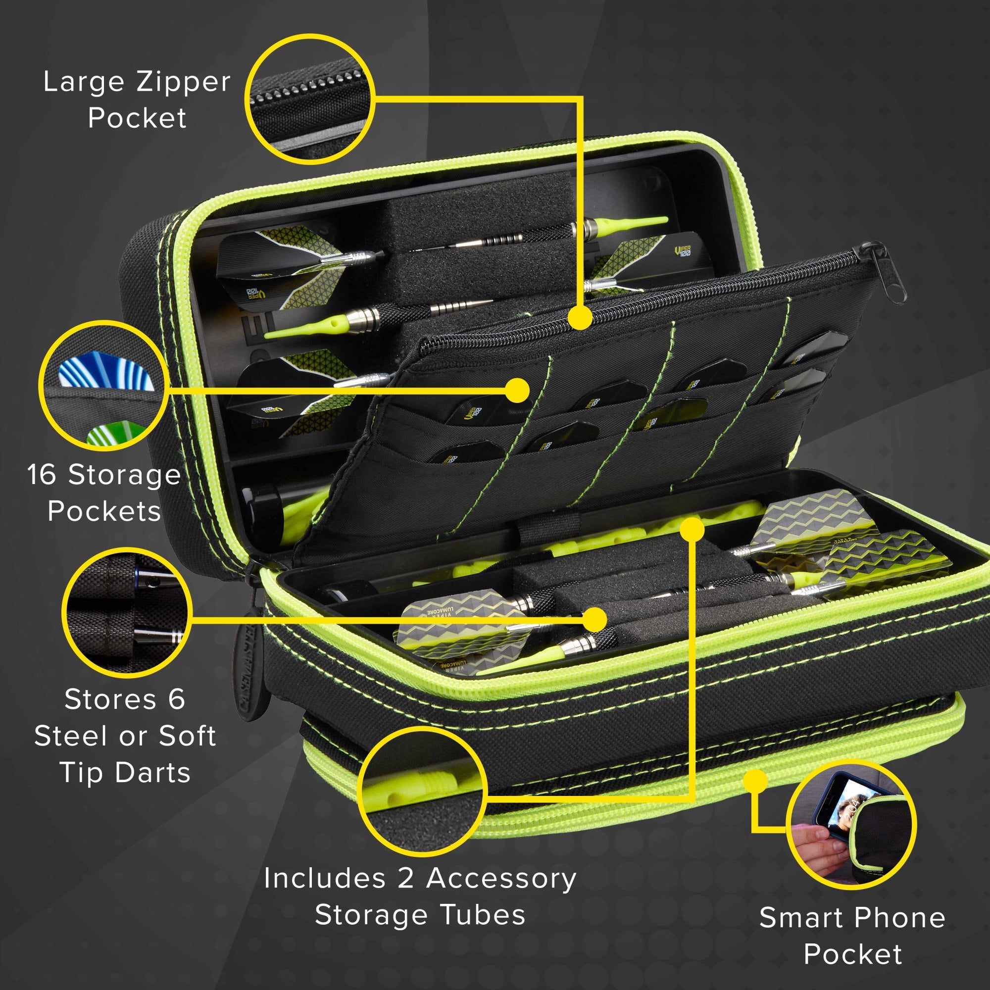 Casemaster Plazma Pro Dart Case Black with Yellow Zipper and Phone Pocket