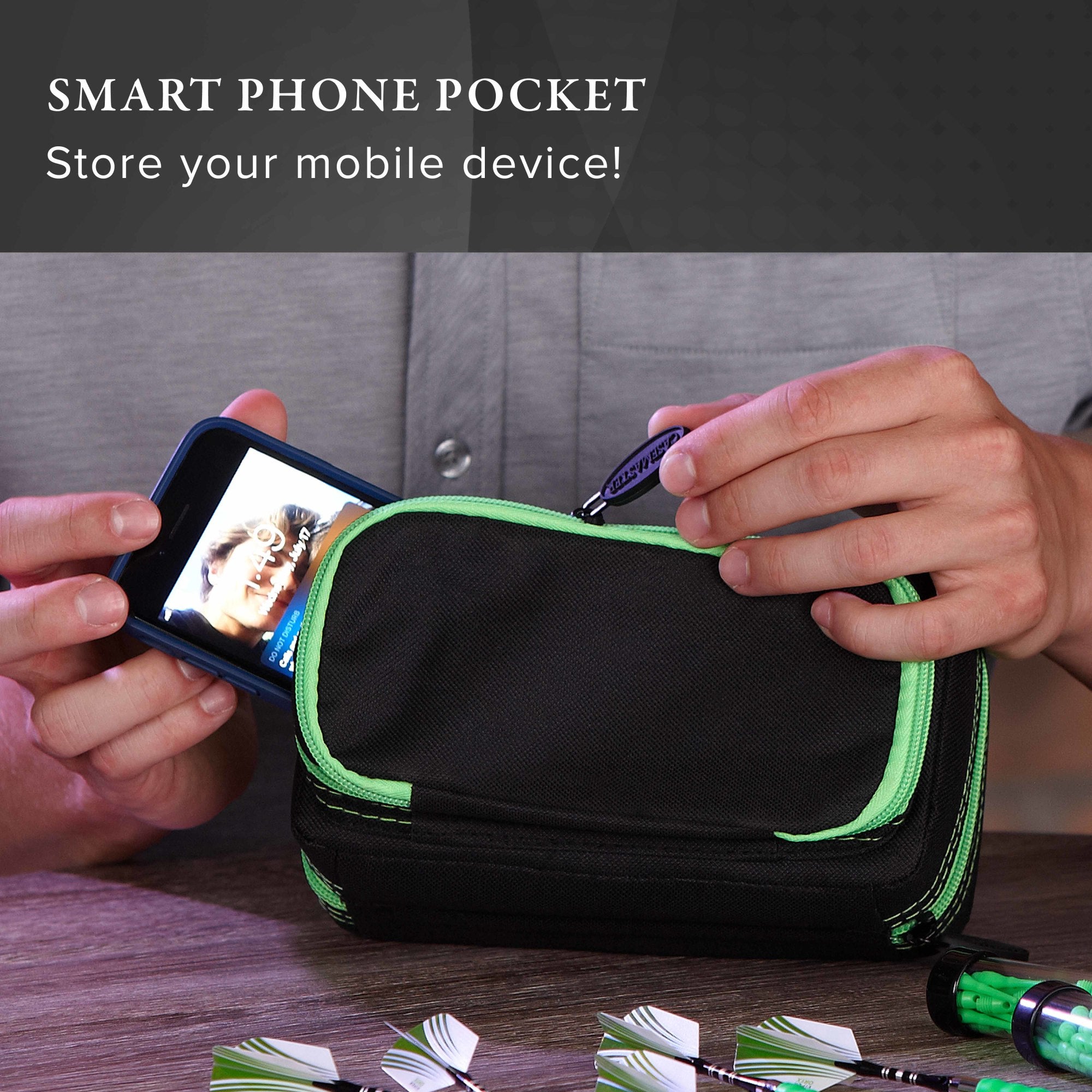 Casemaster Plazma Pro Dart Case Black with Green Zipper and Phone Pocket